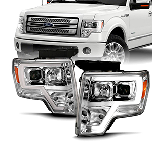 AmeriLite Chrome Projector Headlights LED Bar Set for Ford F150 (Pair) High/Low Beam Bulb Included